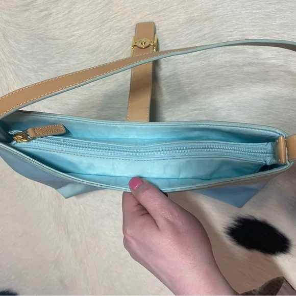 Lauren Ralph Lauren Turquoise Nylon Tan Leather Shoulder Handbag - Picture 9 of 9